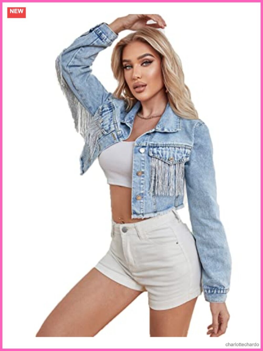 Women's Crop Denim Jacket with Fringe Casual Jean Coat